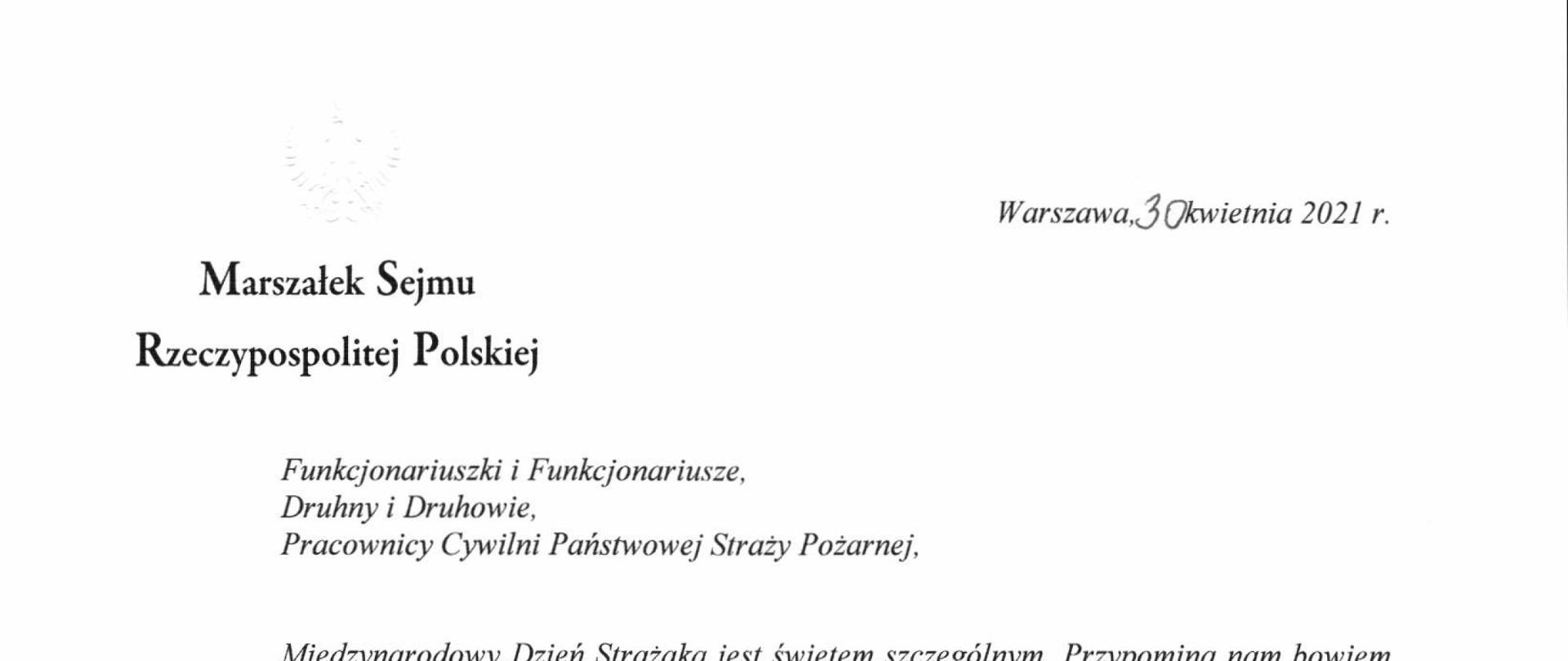 Życzenia Marszałek Sejmu z okazji Dnia Strażaka