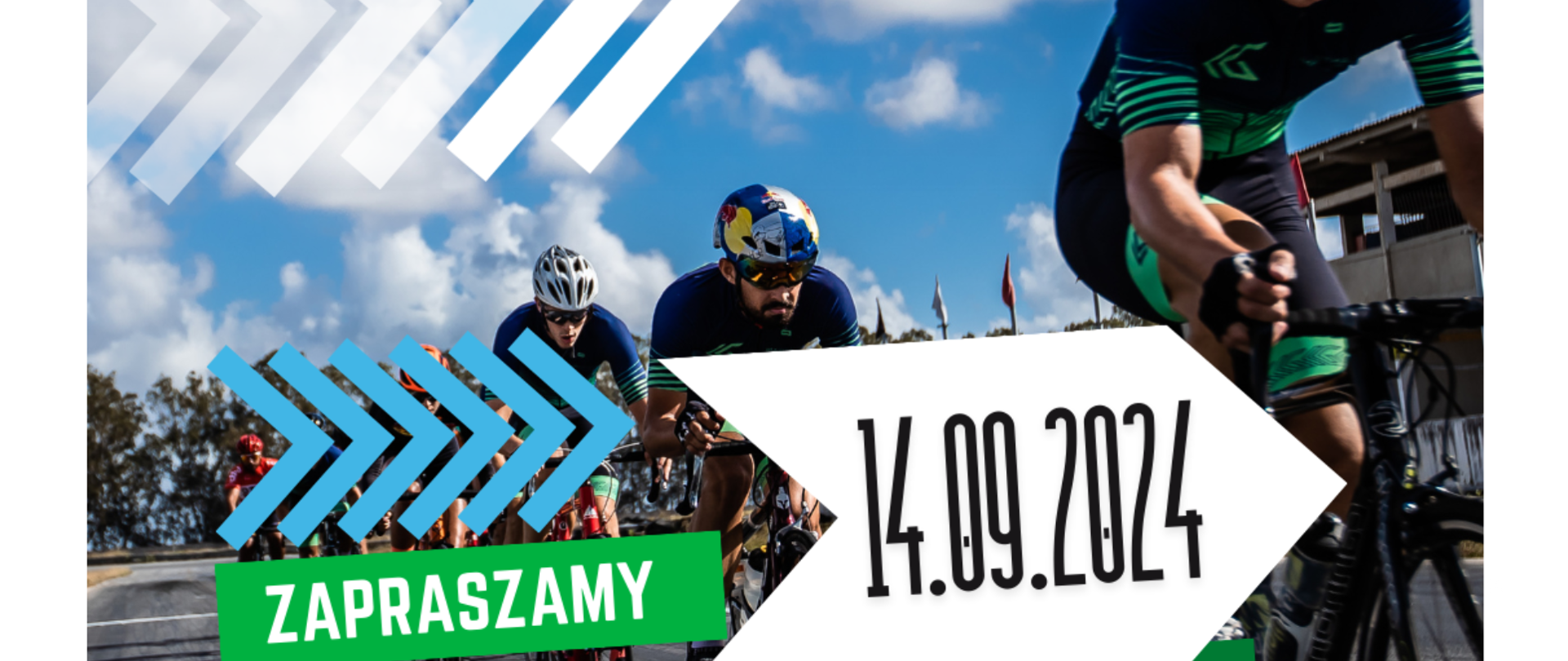 Grafika przedstawia rowerzystów w peletonie oraz datę rajdu