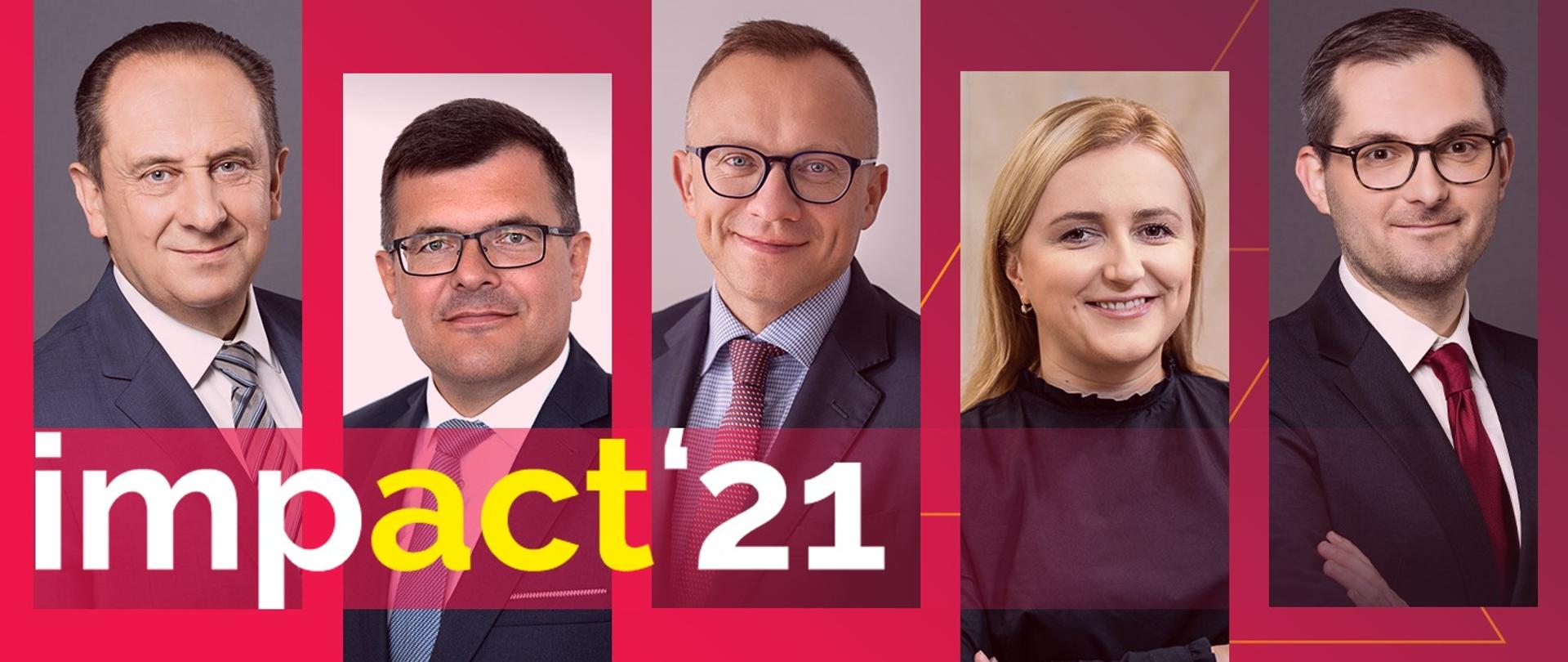 Ministrowie MRiT biorący udział w impact'21 - zdjęcia pięciu wiceministrów - od lewej Andrzej Gut-Mostowy, Piotr Uściński, Artur Soboń, Olga Semeniuk i Marek Niedużak