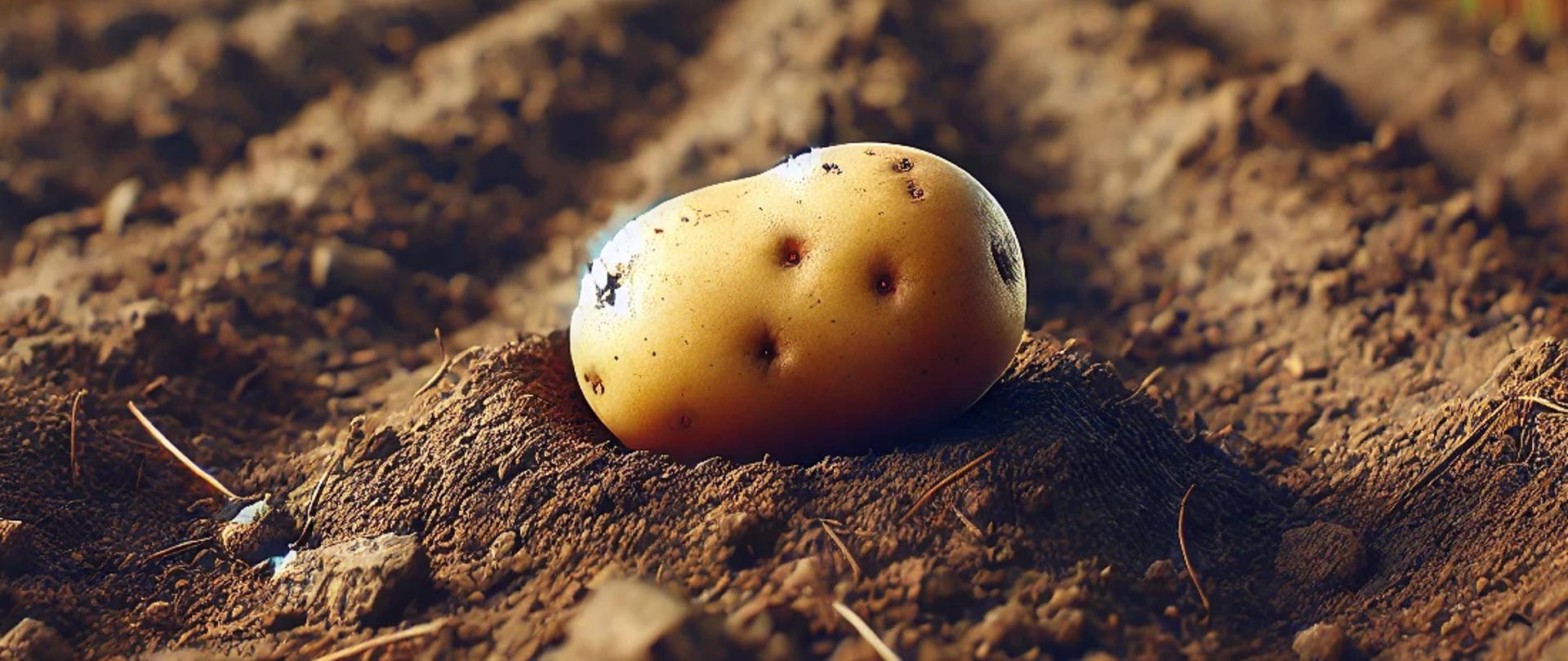 Na zdjęciu widać pojedynczą bulwę ziemniaka leżącą na niewielkim kopcu ziemi na polu uprawnym. 