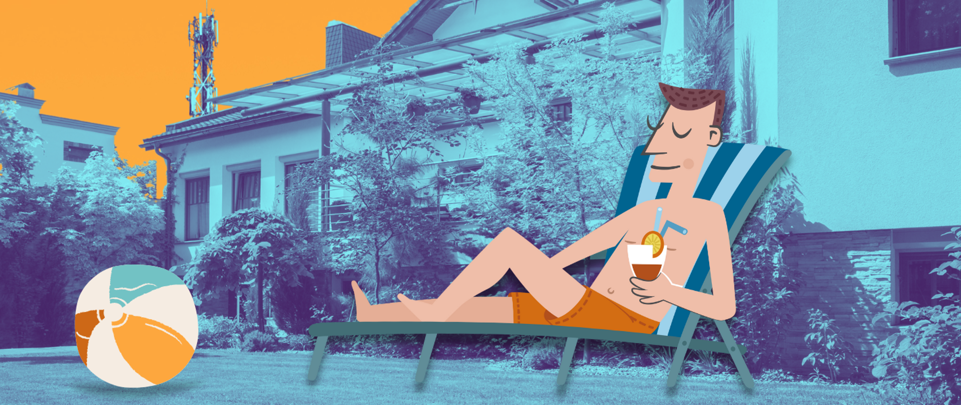Grafika przedstawia rysunek zrelaksowanego mężczyzny siedzącego na leżaku ze szklanką napoju w ręku. Leżak stoi w ogrodzie domu widocznego w tle. W oddali widoczna stacja bazowa telefonii komórkowej.