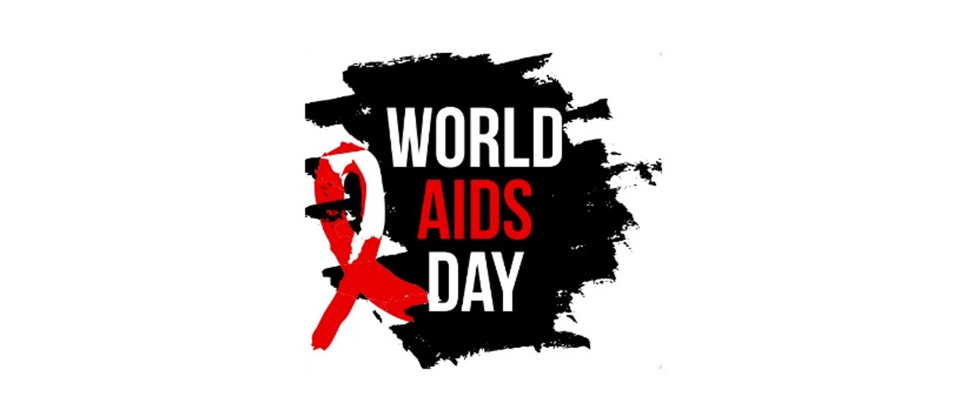Grafika przedstawia napis "World AIDS day" na czarnym tle oraz symbol - czerwoną wstążeczkę