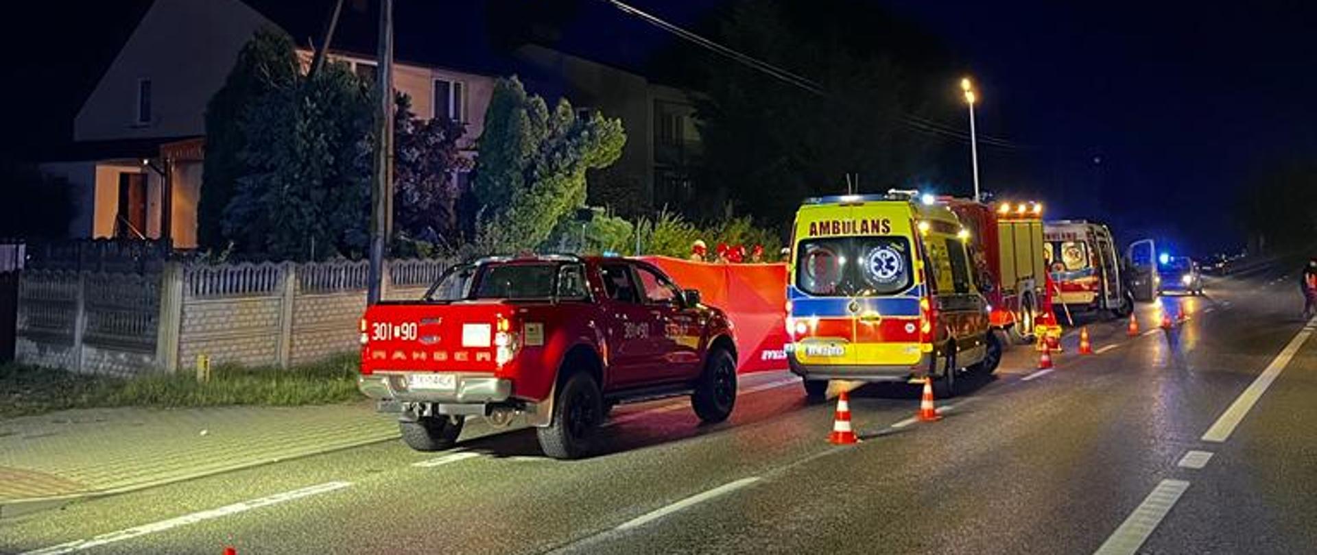 Zdjęcie przedstawia drogę wojewódzką na której zaparkowały samochody służb ratowniczych kolejno: samochód operacyjny straży pożarnej, ambulans, samochód pożarniczy i kolejny ambulans. Na jezdni ustawione pachołki ostrzegawcze znakujące teren działań.