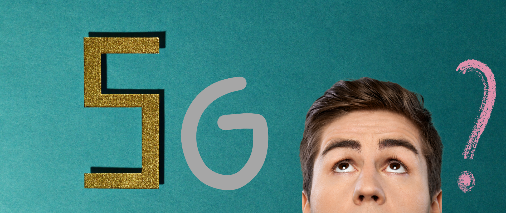 Grafika przedstawiająca napis 5G ze znakiem zapytania oraz twarz zamyślonego mężczyzny.