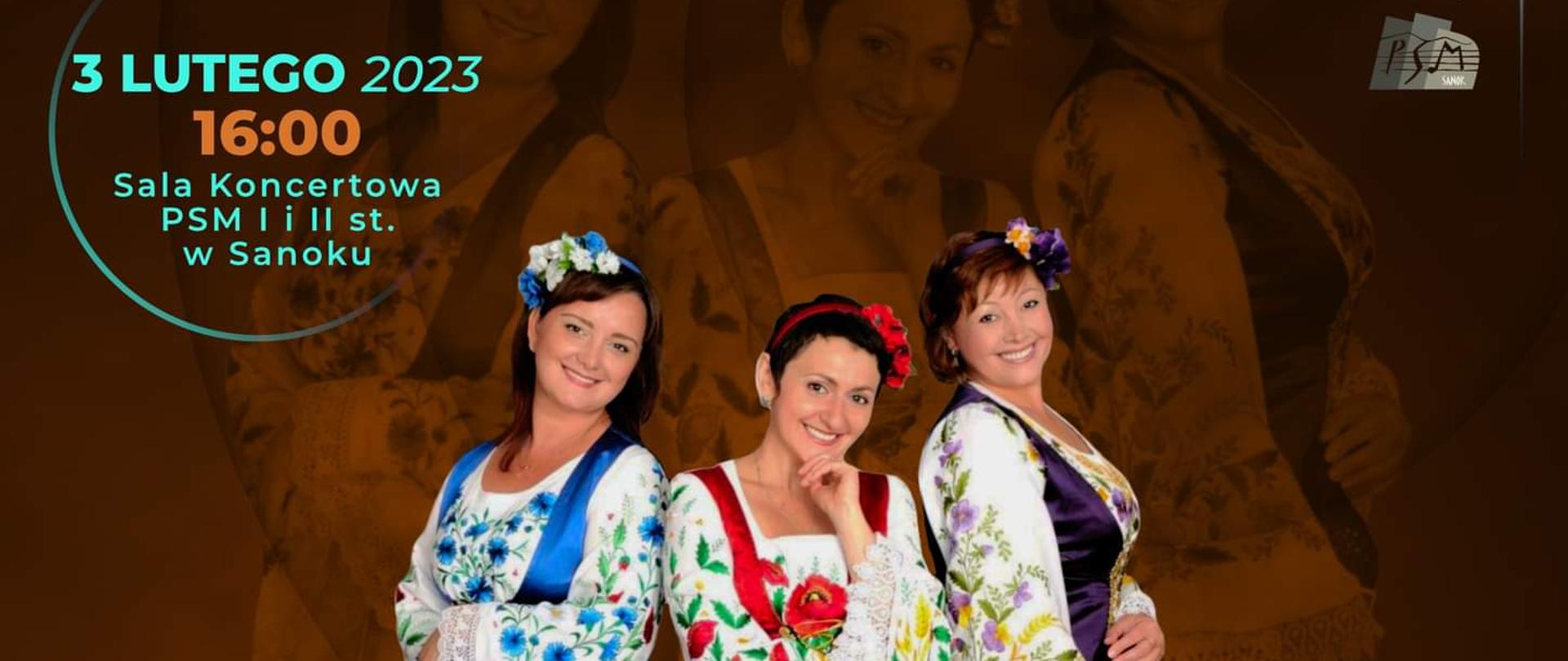 Plakat koncertu Trio Lelija, 3 wokalistki na brązowym tle - Olga Churina, Olena Bohdan-Opeida, Lesia Starenkova, na dole krótki opis osiągnięć zespołu