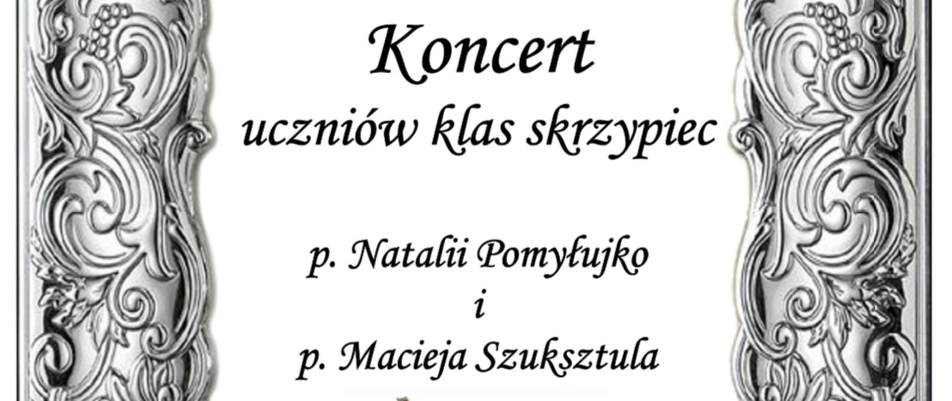 Plakat ze szczegółami koncertu uczniów klas skrzypiec