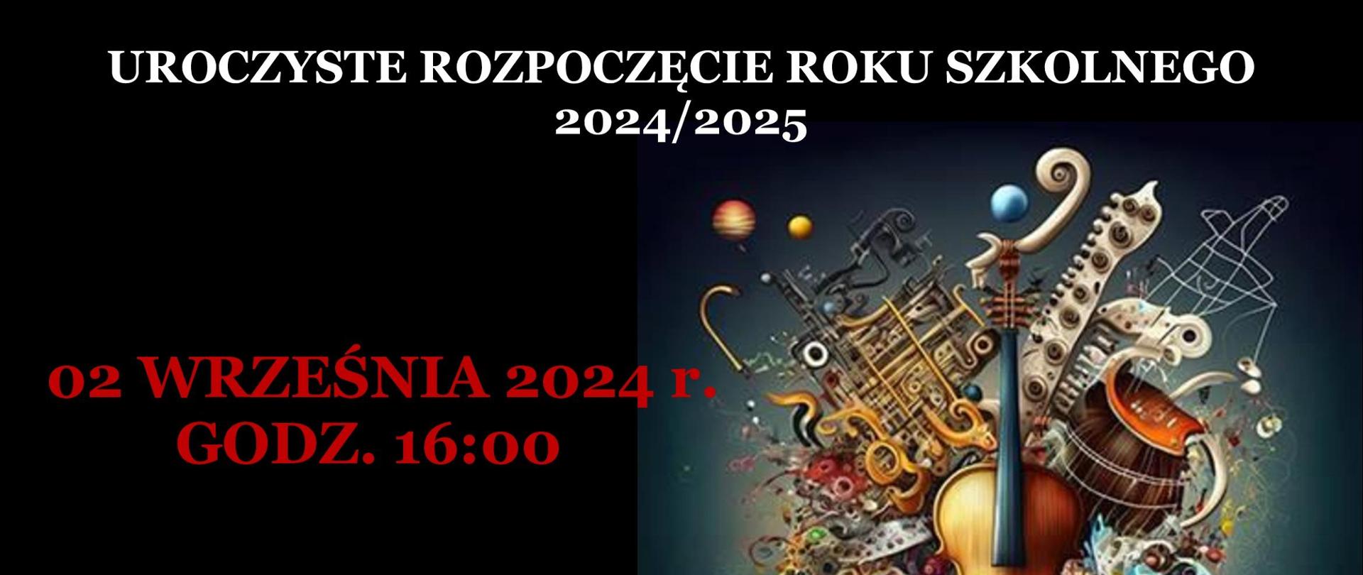 Grafika informująca o terminie uroczystości rozpoczęcia roku szkolnego. Na czarnym tle białe i czerwone litery. Po prawej plątanina instrumentów.