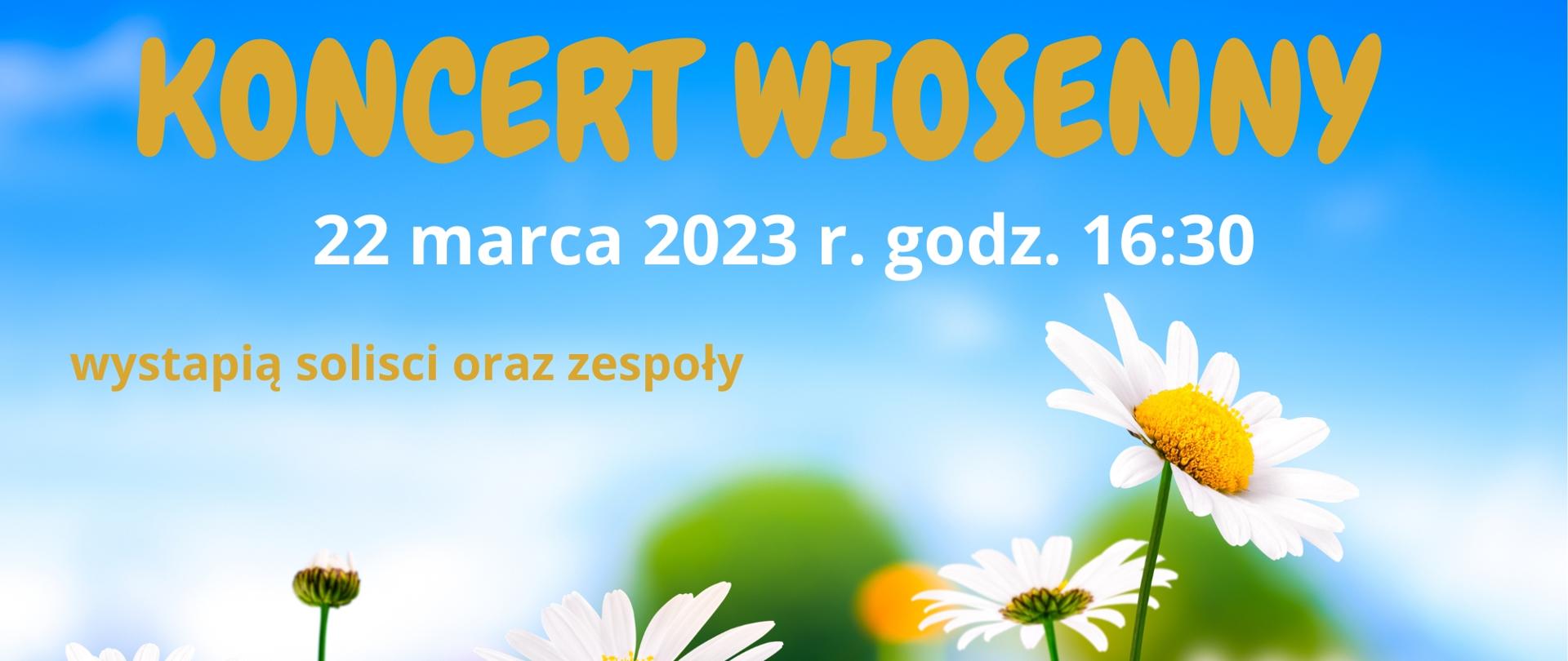 Plakat przedstawia łąkę porośniętą rumiankami, na niebieskim tle u góry widnieje napis PSM I i II st. im. W. Lutosławskiego w Krasnymstawie KONCERT WIOSENNY 22 marca 2023 r. godz. 16.30 wystąpią soliści oraz zespoły
