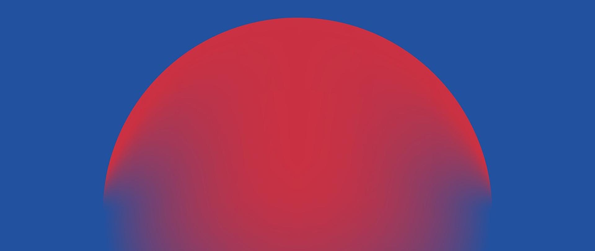 Grafika przedstawiająca zachodzące czerwone słońce za niewidoczny horyzont. Na środku grafiki o granatowym tle znajduje się czerwone półkole o wyraźnych konturach, które poniżej połowy grafiki jest mocno rozmyte.