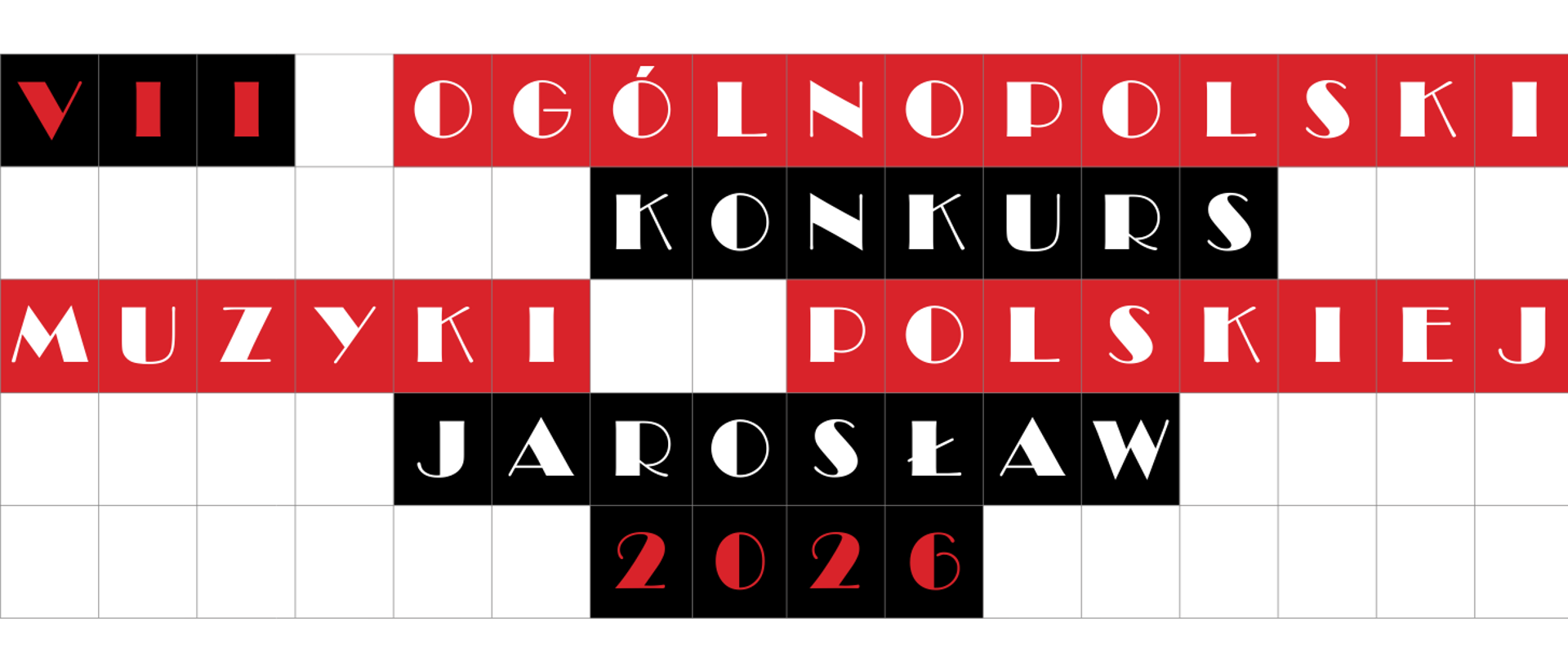 Prostokątny baner przedstawiający logotyp VII Ogólnopolskiego Konkursu Muzyki Polskiej Jarosław 2026. Nazwa wydarzenia ułożona jest kaskadowo w pięciu rzędach z kolorowych kwadratów (czerwonych i czarnych), tworząc kształt zbliżony do odwróconej piramidy na białym tle. W najniższym rzędzie znajduje się rok "2026".