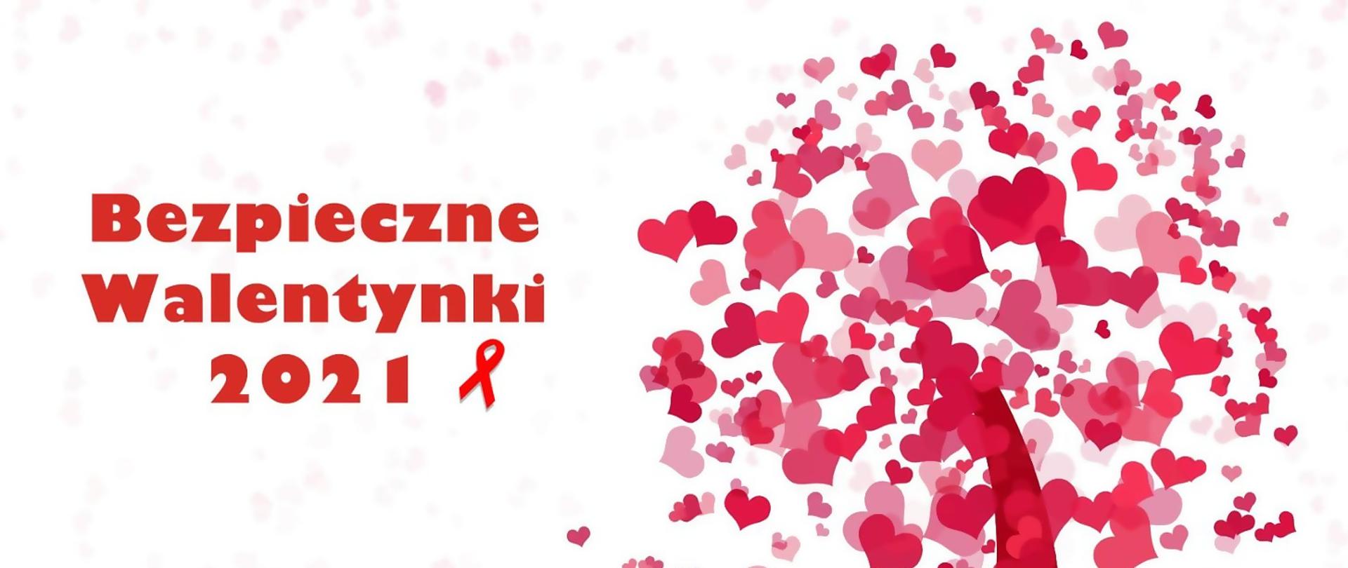 Obrazek przedstawiający rozsypane małe serduszka w odcieniach czerwieni i różu oraz napis w kolorze czerwonym który brzmi: Bezpieczne Walentynki 2021. Obok napisu mała czerwona wstążka.