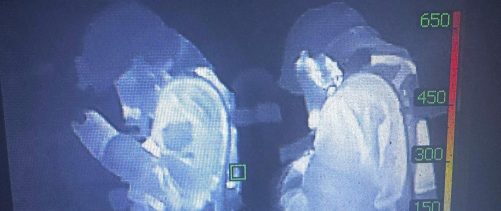 Dwóch strażaków w trakcie działań gaśniczych w ujęciu kamery termowizyjnej 