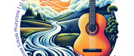 Plakat przedstawiający gitarę na tle malowniczego krajobrazu