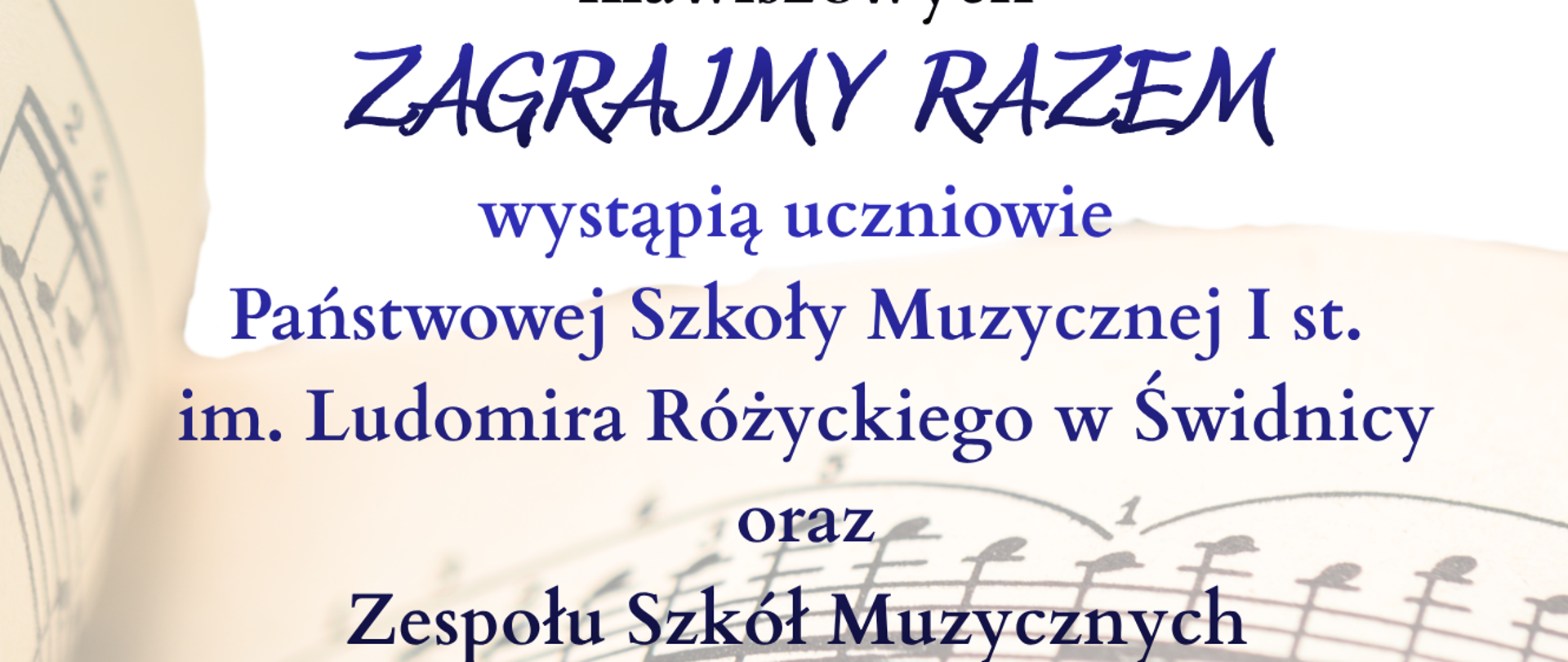 Plakat promujący koncert "Zagrajmy Razem", organizowany przez Zespół Szkół Muzycznych im. Stanisława Moniuszki w Wałbrzychu z okazji 80-lecia szkoły. Tło z klawiaturą fortepianu, nutami i motywem nutowym. Centralny tekst informuje o prezentacji sekcji klawiszowej z udziałem uczniów Państwowej Szkoły Muzycznej I st. im. Ludomira Różyckiego w Świdnicy oraz Zespołu Szkół Muzycznych w Wałbrzychu. Data wydarzenia: 25 listopada 2025, godzina 17:00, Aula Szkoły przy ul. Moniuszki 41 w Wałbrzychu.