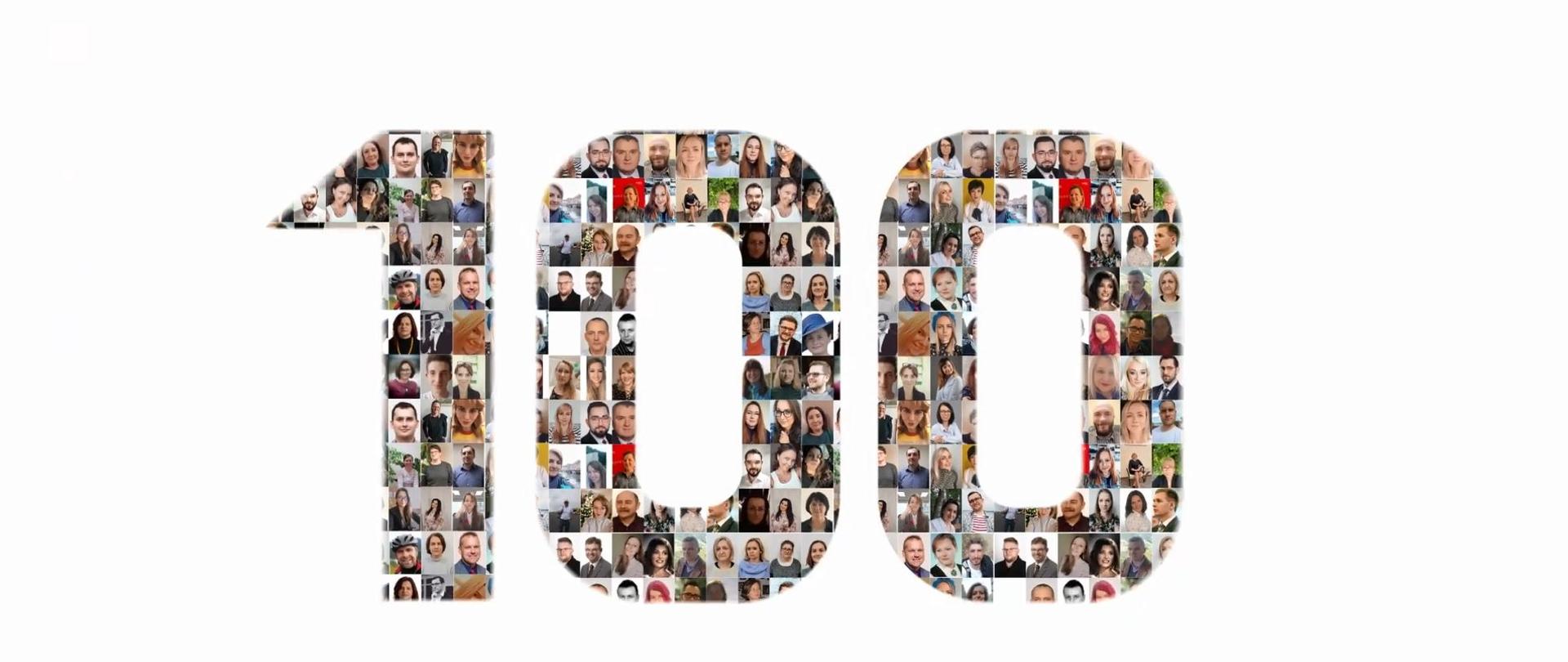 Na obrazku widać napis 100. Każda cyfra - jeden i dwa zera - jest złożona z kilkunastu małych zdjęć. Na tych zdjęciach znajdują się twarze urzędników.