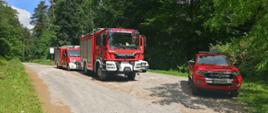 Na zdjęciu widać zaparkowane trzy samochody strażackie koloru czerwonego na drodze leśnej przed szlakiem do wejścia na górę Witosławską. Pora dzienna, słonecznie