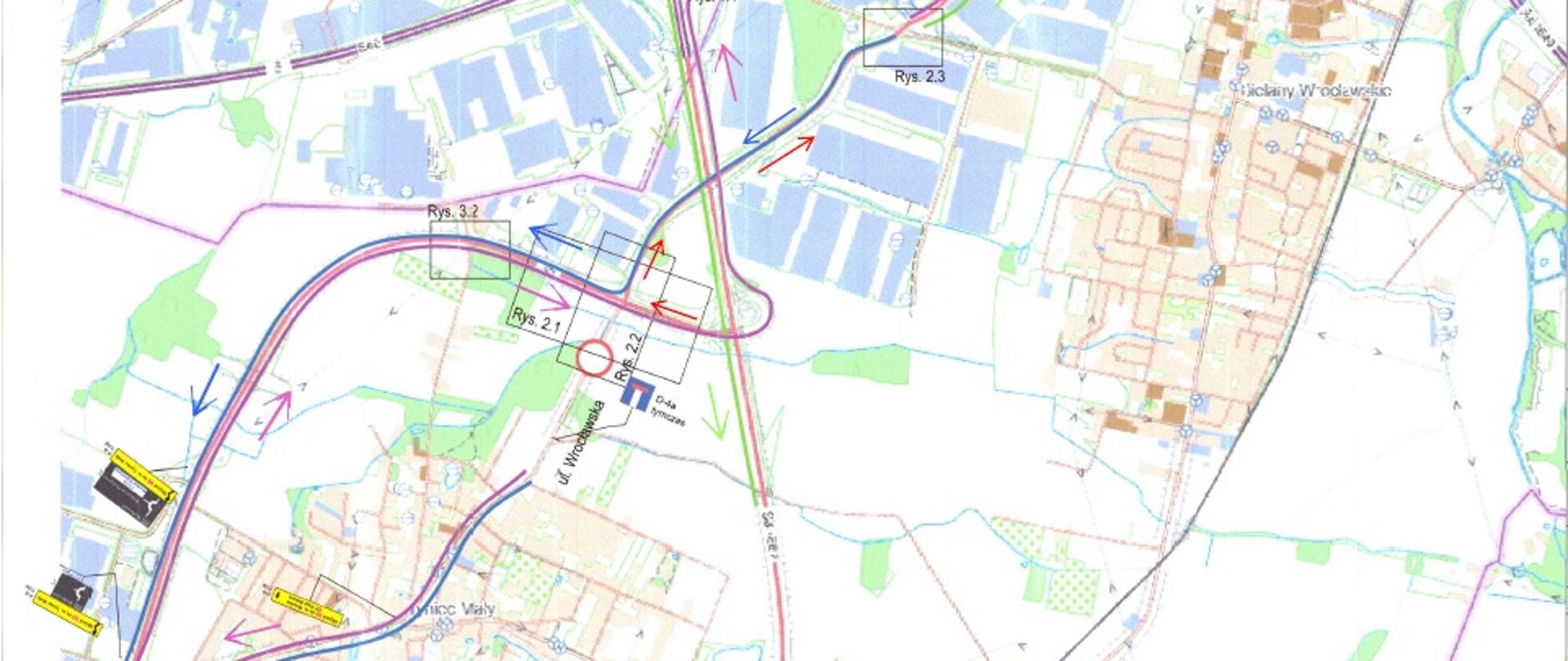 Mapa z czasową organizacją ruchu - rozbudowa ronda w okolicy Tyńca Małego - Powiat Wrocławski