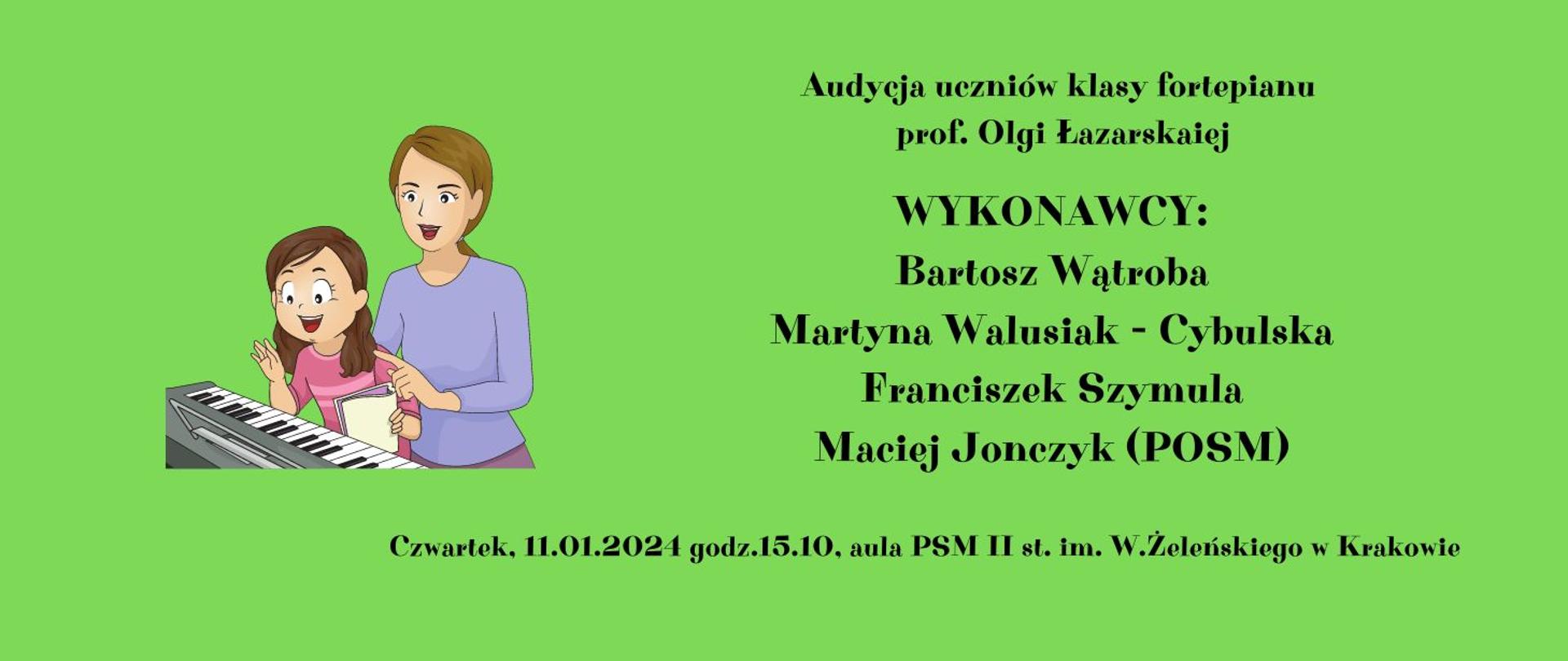 Audycja fortepianowa 11.01.2024 godz.15.10 zielony plakat grafika obrazek kobiety i dziecka 