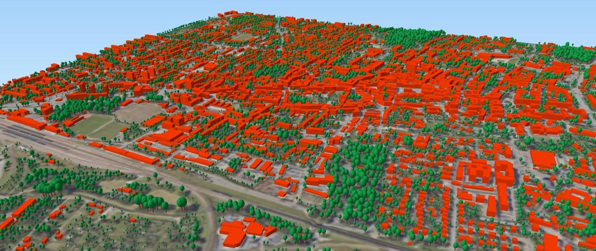 zrzut ekranu przedstawiający wygenerowane modele 3D drzew wraz z modelami 3D budynków.