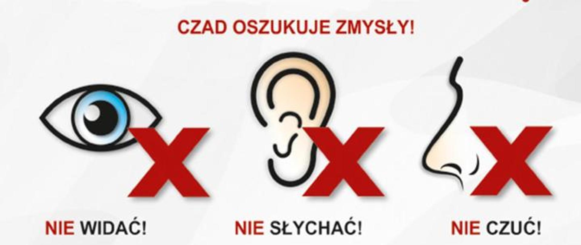 Grafika czad oszukuje zmysły NIE widać (oko z czerwonym przekreśleniem), NIE słychać (ucho z czerwonym przekreśleniem), NIE czuć (nos z czerwonym przekreśleniem)