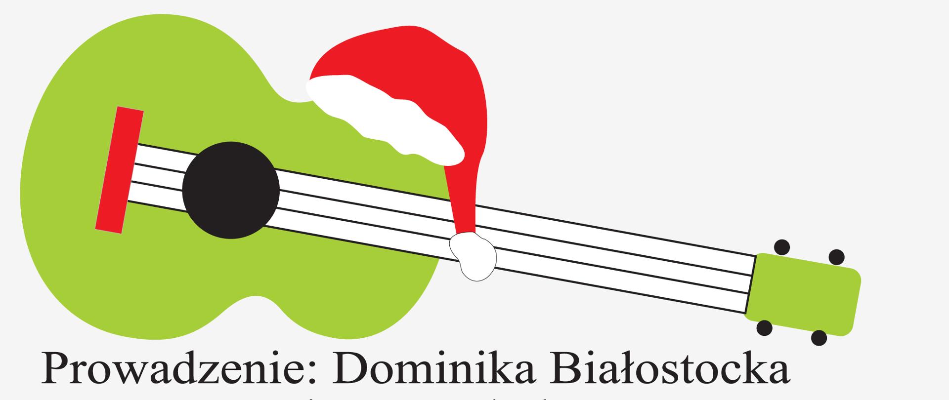 w dolnej części grafika przedstawiająca zielone ukulele z czerwoną czapką Mikołaja, powyżej informacja o terminie i miejscu Mikołajkowych warsztatów ukulele, poniżej o prowadzącej