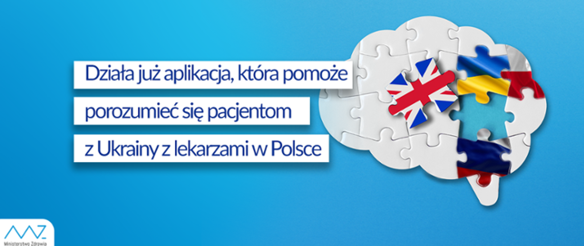 Niebieska grafika z napisem i puzzlami w kolorach flag Wielkiej Brytanii, Ukrainy, Polski i Rosji