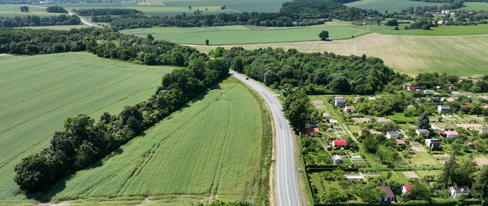 Widok z lotu ptaka na wiejski krajobraz z wijącą się asfaltową drogą biegnącą przez zielone pola uprawne. Po prawej stronie widoczne są uporządkowane działki ogrodowe z małymi domkami, altanami i ogródkami warzywnymi otoczonymi drzewami i krzewami. Po lewej stronie rozciągają się rozległe pola o różnych odcieniach zieleni, oddzielone pasami drzew i żywopłotów. W tle znajduje się gęsty pas lasu oraz kolejne pola, a na horyzoncie widoczne są pojedyncze zabudowania wiejskie. Całość oświetlona jest równomiernym światłem dziennym.