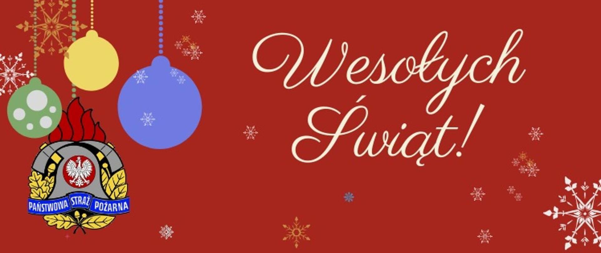 Napis Wesołych świąt na czerwonym tle z motywami światecznymi