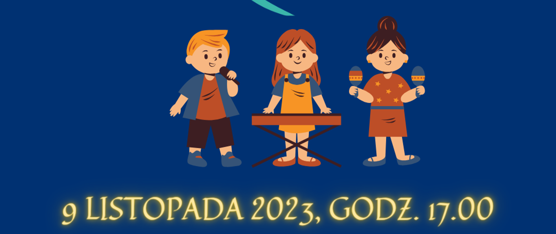 Plakat informacyjny o uroczystości pasowania uczniów klas pierwszych PSM I stopnia w Stargardzie w dniu 9 listopada 2023 o godzinie 17.00. Na plakacie, który ma granatowe tło znajduje się klucz wiolinowy i nuty oraz kolorowy obrazek trojga dzieci trzymających instrumenty perkusyjne.