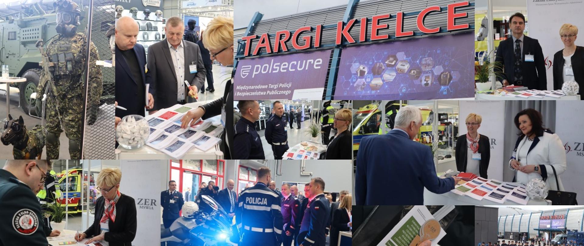 Kolaż zdjęć przedstawiający stoisko Zakładu Emerytalno-Rentowego MSWiA podczas targów Polsecure odbywających się w Kielcach 27 kwietnia 2022 r.