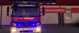 Na zdjęciu widoczny jest samochód ratowniczo gaśniczy z włączonymi sygnałami świetlnymi w celu oddania hołd zmarłemu strażakowi Państwowej Straży Pożarnej