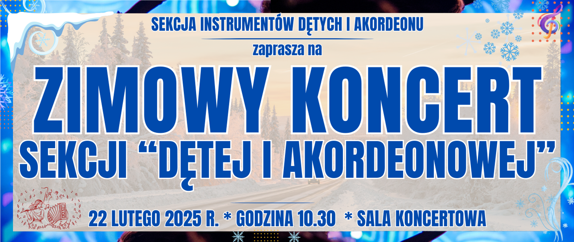 baner z ciemno niebieską kolorową ramką w środku półprzezroczyste tło z widokiem zimy oraz informacje o wydarzeniu