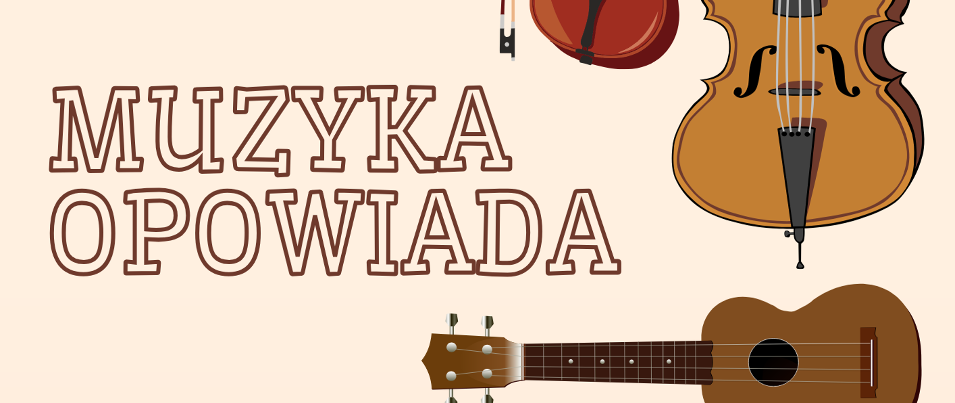 To zdjęcie to plakat zapraszający na wydarzenie muzyczne zatytułowane "Muzyka Opowiada". Jest to konkurs sekcji instrumentów strunowych, który odbędzie się w czwartek, 30 kwietnia 2026 roku. Miejsce: Sala Kameralna. Harmonogram: Godz. 14.30: Klasy I–III/c. 6 oraz I–II/c. 4. Godz. 17.00: Klasy IV–VI/c. 6 oraz III–IV/c. 4. Warstwa wizualna: Plakat ma beżowe tło i jest ozdobiony ilustracjami instrumentów strunowych (skrzypce, wiolonczela/kontrabas oraz gitara/ukulele) oraz nutami i kluczem wiolinowym. Styl: Całość utrzymana jest w eleganckim, a zarazem prostym, artystycznym klimacie, sugerującym wydarzenie o charakterze edukacyjnym lub szkolnym.