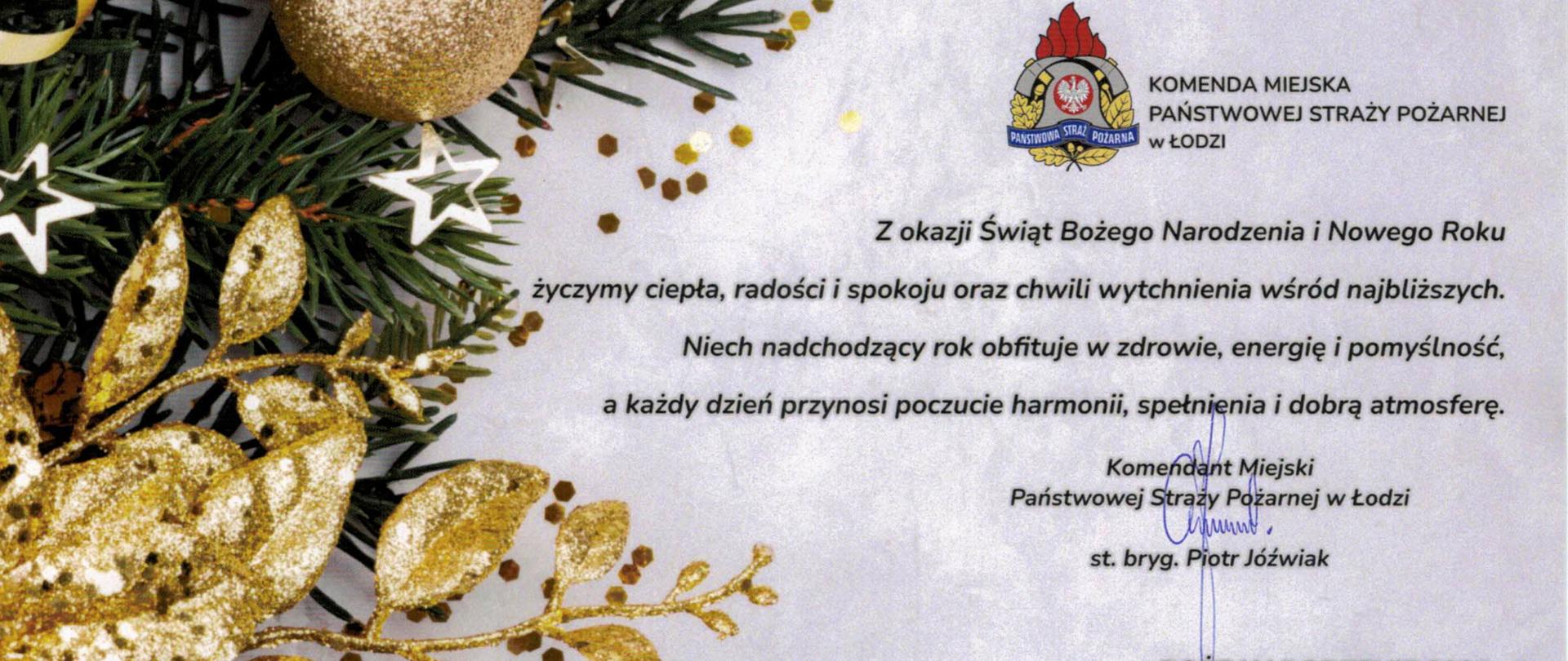 Świąteczne życzenia Komendanta Miejskiego PSP w Łodzi
Z okazji Świąt Bożego Narodzenia i Nowego Roku składamy życzenia zdrowia, spokoju oraz wszelkiej pomyślności.