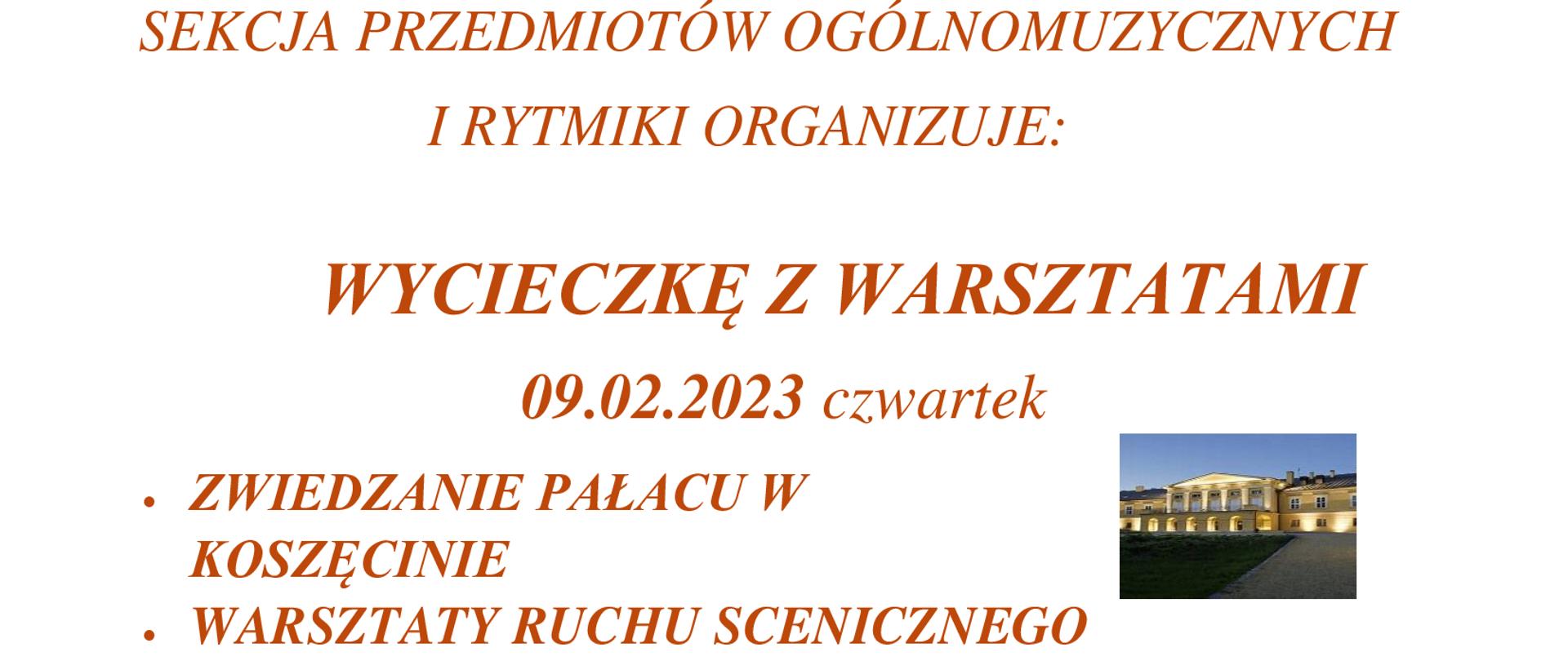 plakat na białym tle pomarańczowe napisy z nazwą terminem i programem wycieczki ozdobione zdjęciem siedziby zespołu Śląsk, trzema zdjęciami z występu oraz logo zawierającego nazwę i wpisaną w kwadrat parę taneczną
