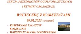 plakat na białym tle pomarańczowe napisy z nazwą terminem i programem wycieczki ozdobione zdjęciem siedziby zespołu Śląsk