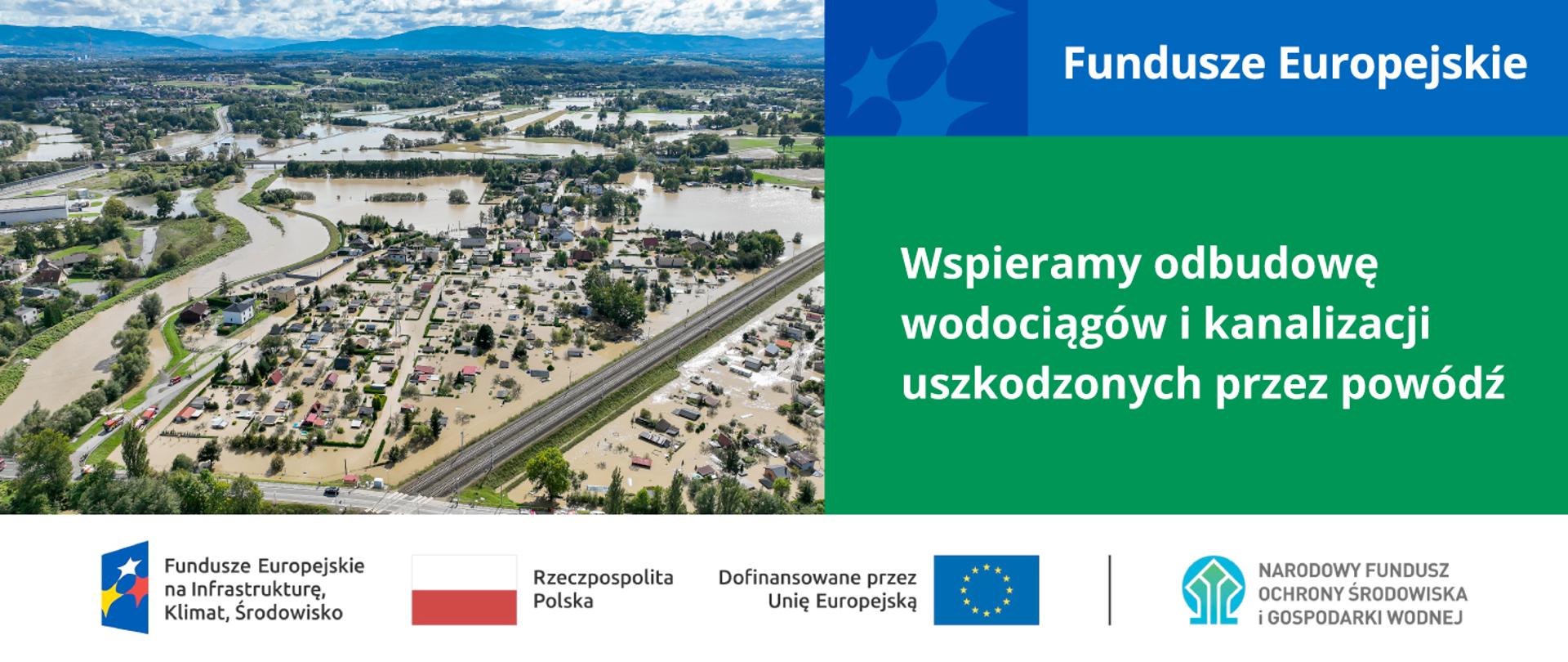 Grafika ilustracyjna informująca o wsparciu odbudowy wodociągów i kanalizacji uszkodzonych przez powódź. Po lewej stronie zdjęcie lotnicze zalanych terenów i zabudowań, po prawej napis: „Wspieramy odbudowę wodociągów i kanalizacji uszkodzonych przez powódź”. Na dole logotypy: Fundusze Europejskie na Infrastrukturę, Klimat, Środowisko, Rzeczpospolita Polska, Dofinansowane przez Unię Europejską oraz Narodowy Fundusz Ochrony Środowiska i Gospodarki Wodnej.