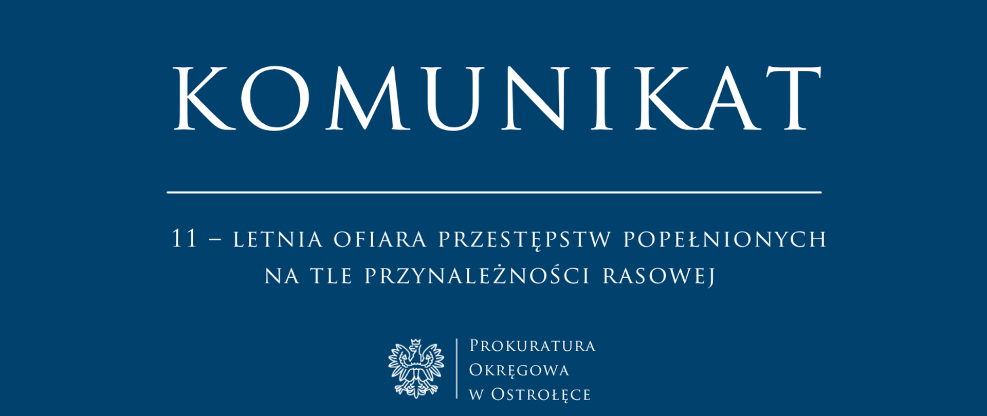 Biały napis Komunikat 11 – LETNIA OFIARA PRZESTĘPSTW POPEŁNIONYCH NA TLE PRZYNALEŻNOŚCI RASOWEJ na niebieskim tle.
