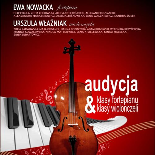 Plakat przedstawia klawiaturę fortepianu, a na jej tle wiolonczela. W górze wypisani wszyscy wykonawcy koncertu. Wszystko jest namalowane na bordowo-czerwonym tle. 