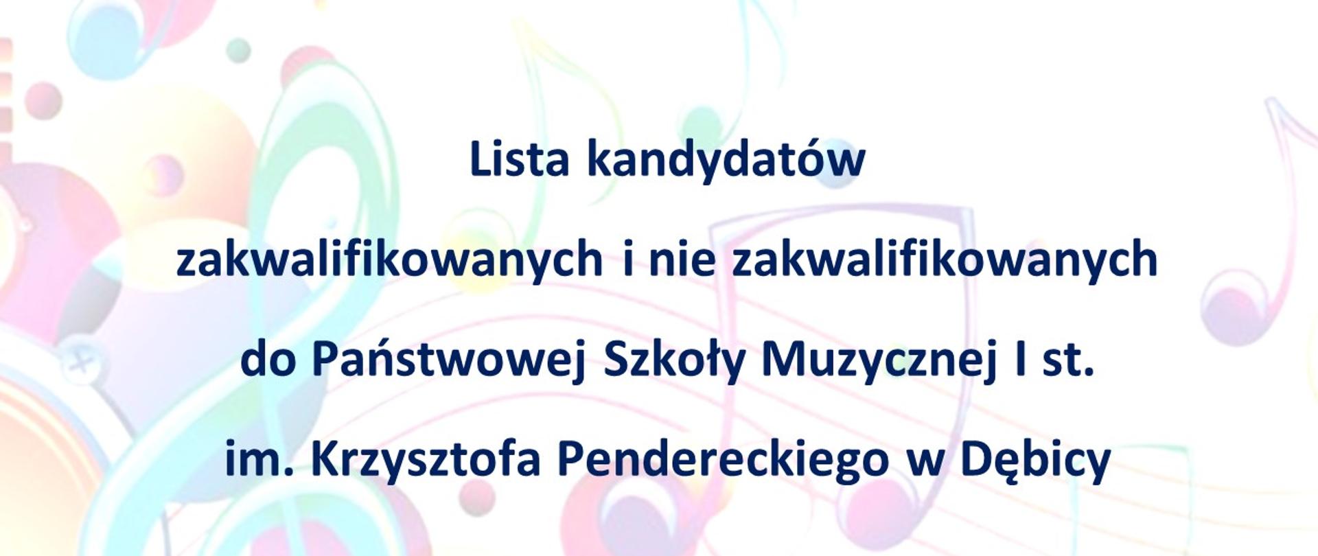 Plakat z napisem - lista kandydatów zakwalifikowanych i niezakwalifikowanych do PSM I st. w Dębicy; w tle kolorowe nuty i klucz wiolinowy
