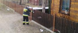 Widoczny strażak wrzucający ulotkę akcji szczepień Covid-19 do skrzynki przy posesji prywatnej na terenie gminy Narew. Zdjęcie wykonane z pojazdu gaśniczego.