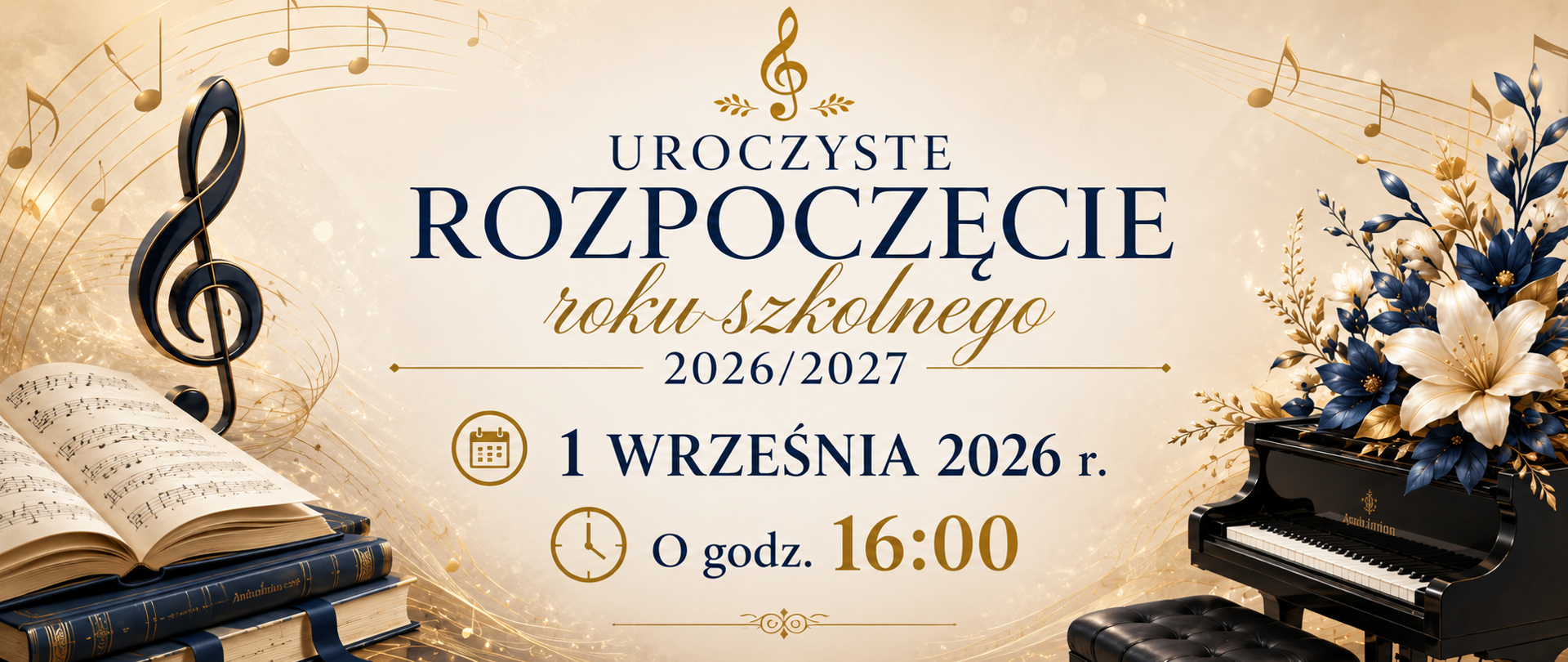 Grafika informująca o uroczystym rozpoczęciu roku szkolnego 2026/2027 w dniu 1 września 2026 r. o godz. 16:00 oraz spotkaniu z rodzicami uczniów klas I o godz. 15:00 w auli szkoły.