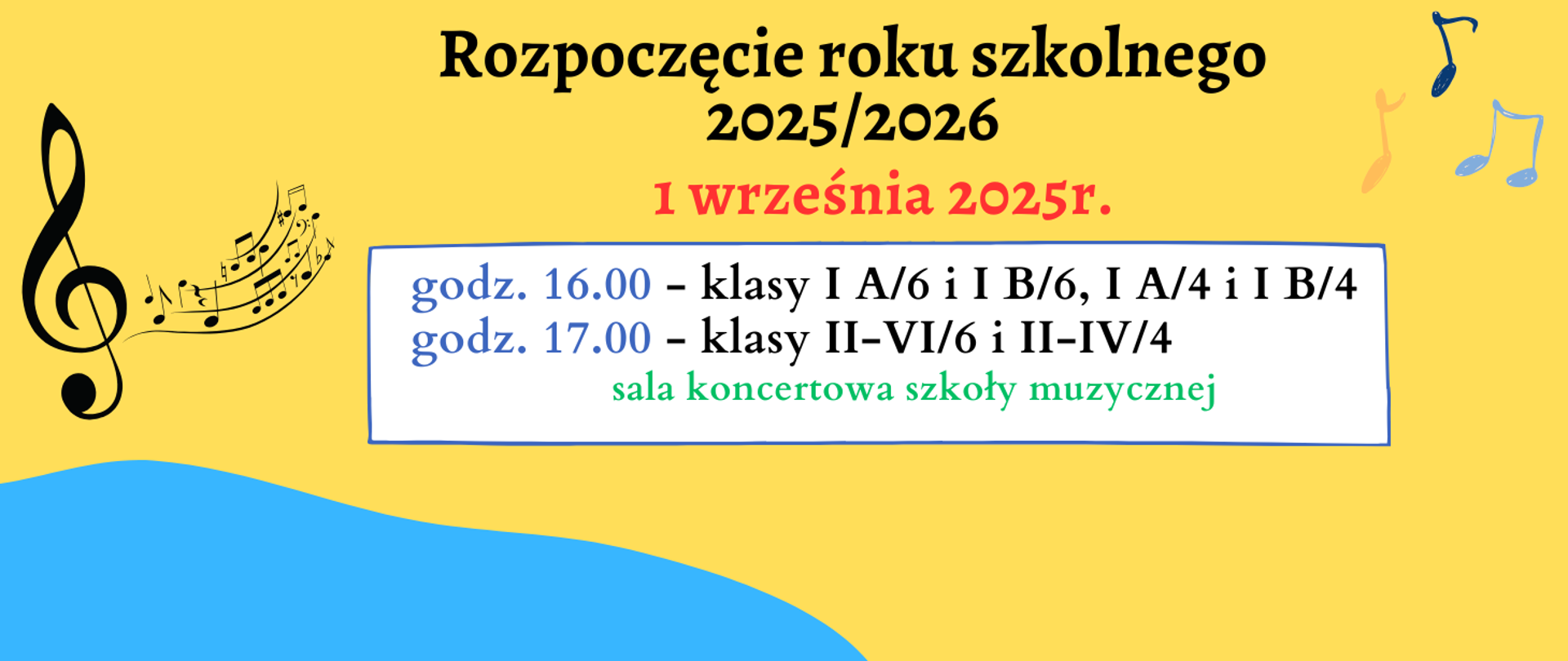 Baner z żółtym tłem, po prawej stronie czarne logo nutki i klucza wiolinowego, litery czarne i czerwone
