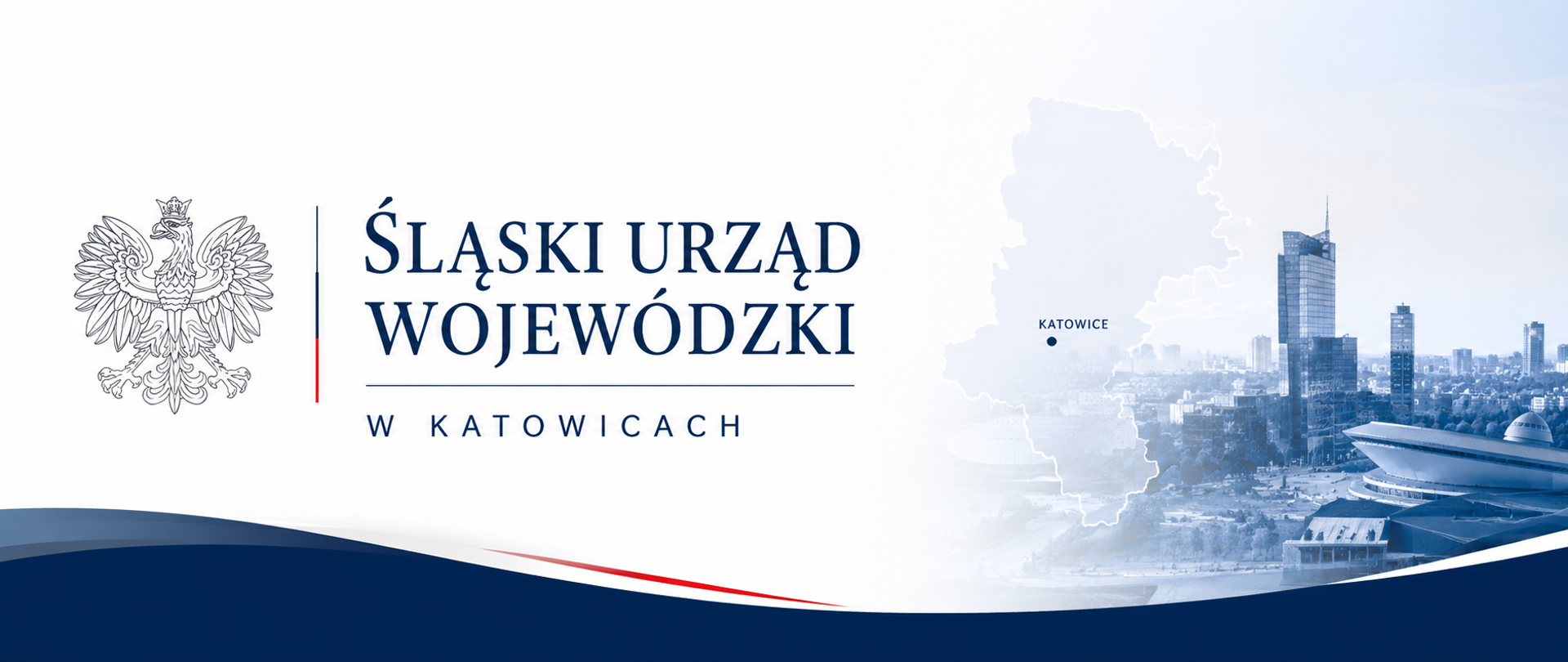 Baner panoramiczny Śląskiego Urzędu Wojewódzkiego w Katowicach utrzymany w biało-granatowej kolorystyce. Po lewej stronie znajduje się stylizowany Orzeł Rzeczypospolitej Polskiej oraz napis „Śląski Urząd Wojewódzki w Katowicach”. Po prawej widoczna jest panorama Katowic z charakterystycznymi budynkami oraz zarysem mapy województwa śląskiego. Całość utrzymana jest w nowoczesnym, oficjalnym stylu przeznaczonym na stronę internetową instytucji publicznej.