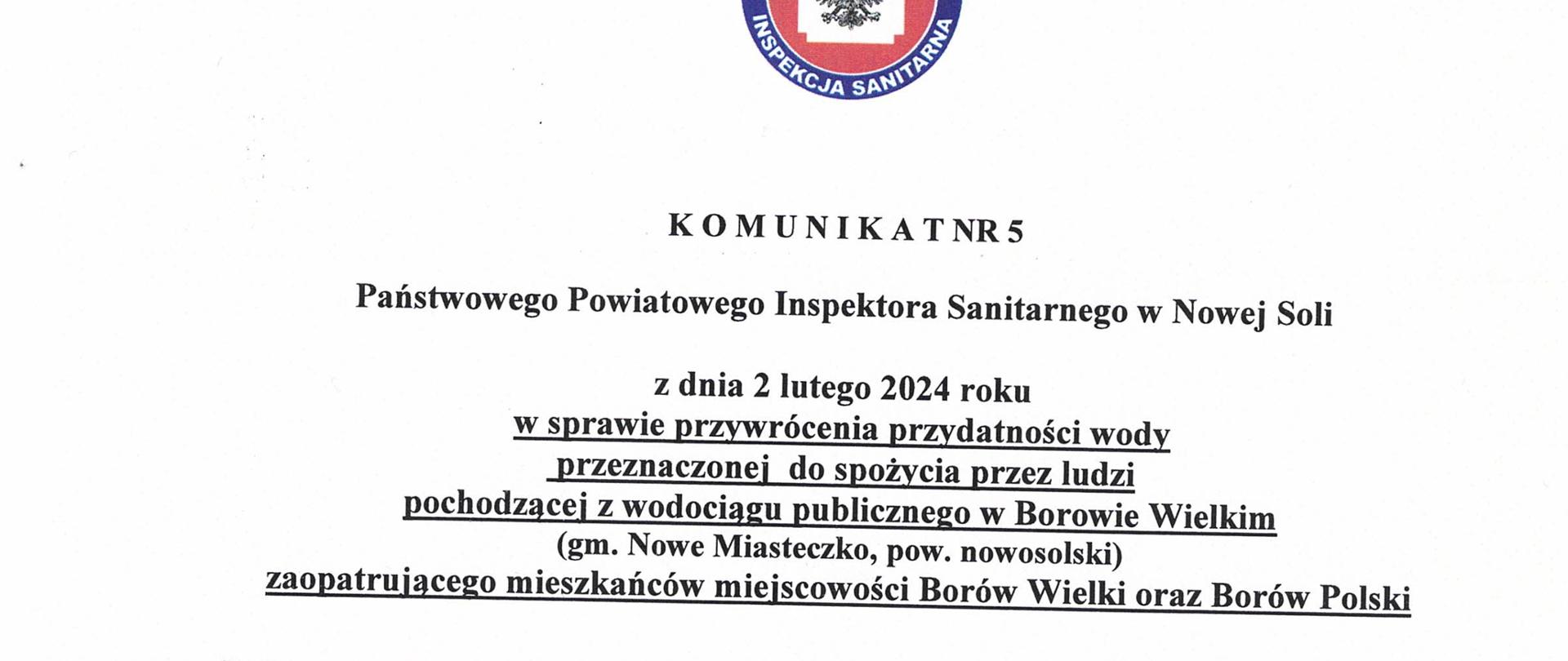 Komunikat nr 5 przywrócenie przydatność Borów Wielki