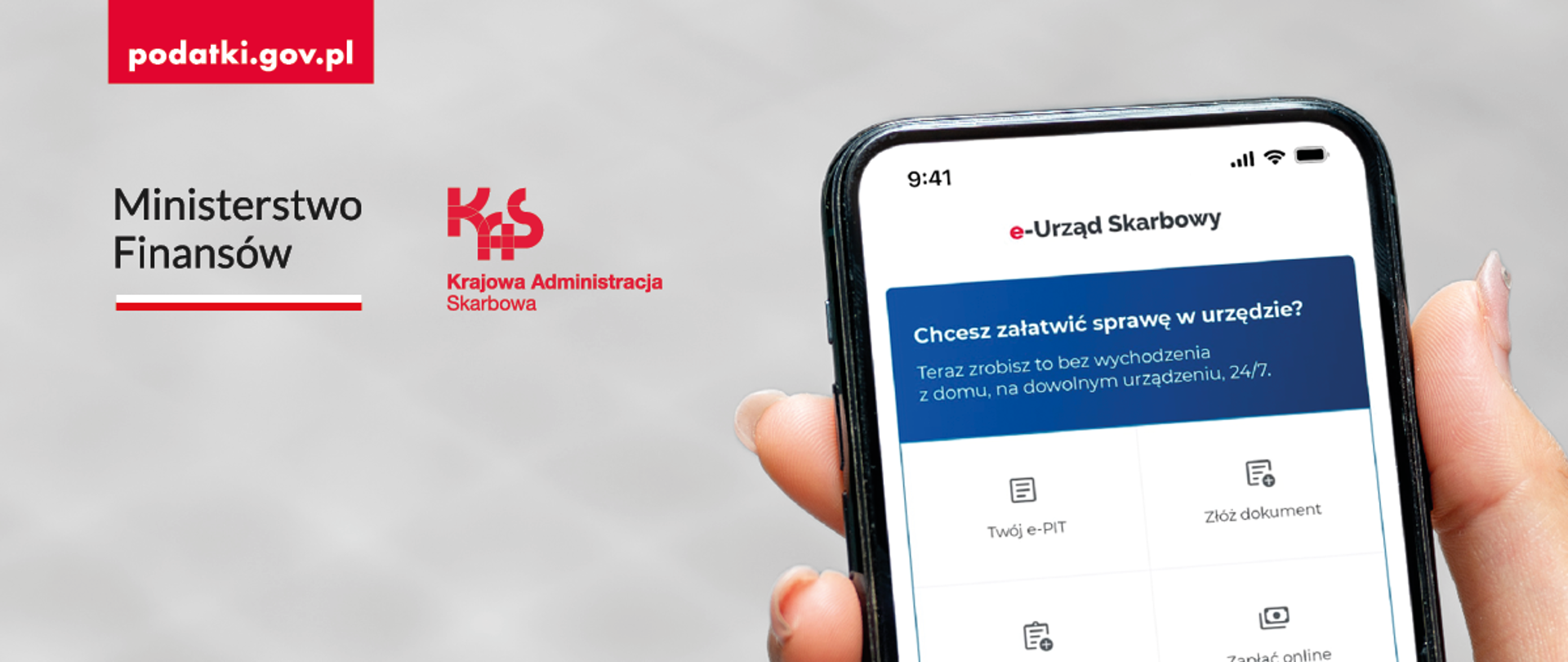 grafika ze smartfonem z aplikacją mobilną e-Urząd Skarbowy. w Tle logo MF i KAS