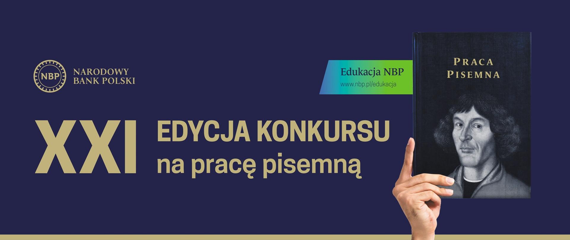 Grafika - na granatowym tle okładka książki z napisem Praca pisemna, obok napis Narodowy Bank Polski - XXI Edycja konkursu na pracę pisemną.