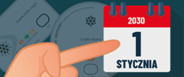 Grafika informacyjna w języku polskim dotycząca obowiązku montażu czujników pożaru i tlenku węgla w domach. Na środku ilustracji znajduje się duży kalendarz z datą 1 stycznia 2030, na który wskazuje palec. Powyżej kalendarza znajduje się czerwony pasek z napisem: „CZUJKA W KAŻDYM DOMU!”
W tle widoczne są ilustracje dwóch typów czujników:
Czujka tlenku węgla – z diodami kontrolnymi i przyciskiem TEST,
Czujka dymu – z przyciskiem TEST.
Poniżej znajduje się tekst:
„Od 1 stycznia 2030 roku wprowadza się powszechny obowiązek stosowania urządzeń do wykrywania pożaru i tlenku węgla we wszystkich domach i mieszkaniach w Polsce.”*
Na dole umieszczono przypis:
„czujki tlenku węgla tylko w pomieszczeniach, gdzie odbywa się proces spalania paliwa stałego, ciekłego lub gazowego.”
Po lewej stronie widnieją logotypy Państwowej Straży Pożarnej (PSP) oraz działu Prewencja Społeczna PSP.