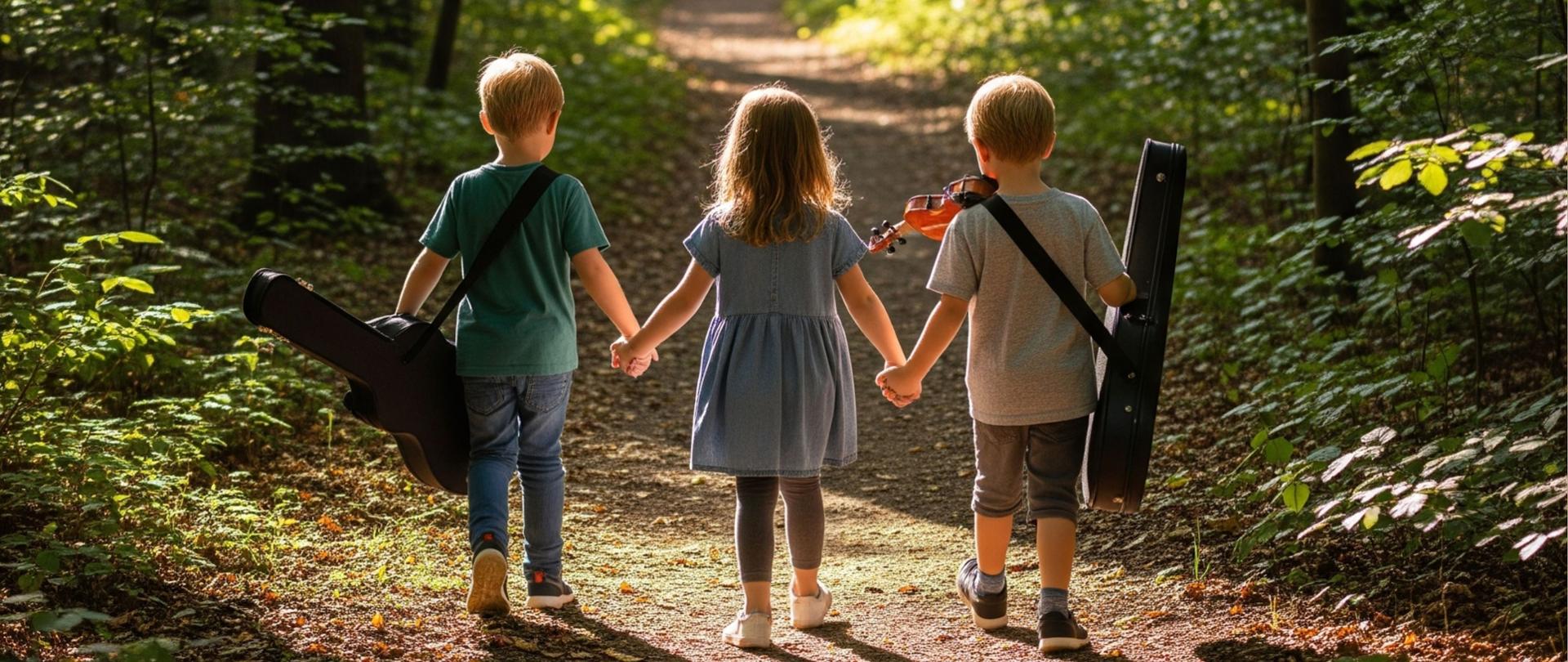 Plakat ma dwa główne segmenty: górny to zdjęcie, a dolny to panel z tekstem.
Górna część plakatu to zdjęcie przedstawiające trójkę dzieci idących leśną ścieżką. Dzieci są widoczne od tyłu, trzymają się za ręce. Środkowa dziewczynka ma jasne włosy i ubrana jest w jasną sukienkę. Po jej prawej stronie idzie chłopiec z jasnymi włosami, trzymający w lewej ręce futerał na instrument (prawdopodobnie gitarę). Po lewej stronie idzie drugi chłopiec z jasnymi włosami, niosący na plecach etui na instrument (prawdopodobnie skrzypce lub altówkę). Ścieżka jest częściowo oświetlona promieniami słońca, które przedzierają się przez liście drzew, tworząc na ziemi efektowne cienie. Las jest gęsty i zielony, co nadaje scenie spokojny i sielankowy charakter.
Dolna część plakatu to prostokątny panel w jednolitym, stonowanym kolorze (jasnobrązowym lub beżowym). Na nim znajduje się tekst w kolorze ciemnobrązowym:
* Na samej górze panelu, dużą czcionką: „Zakończenie roku szkolnego”
* Poniżej, również dużą czcionką: „2024/2025”
* Następnie, wyróżnioną, większą czcionką: „27 czerwca 2025”
* Pod spodem: „16.00”
* Na samym dole panelu: „sala koncertowa szkoły”
Całość plakatu ma ciepły, pogodny i nostalgiczny charakter, symbolizujący koniec roku szkolnego i początek wakacji.