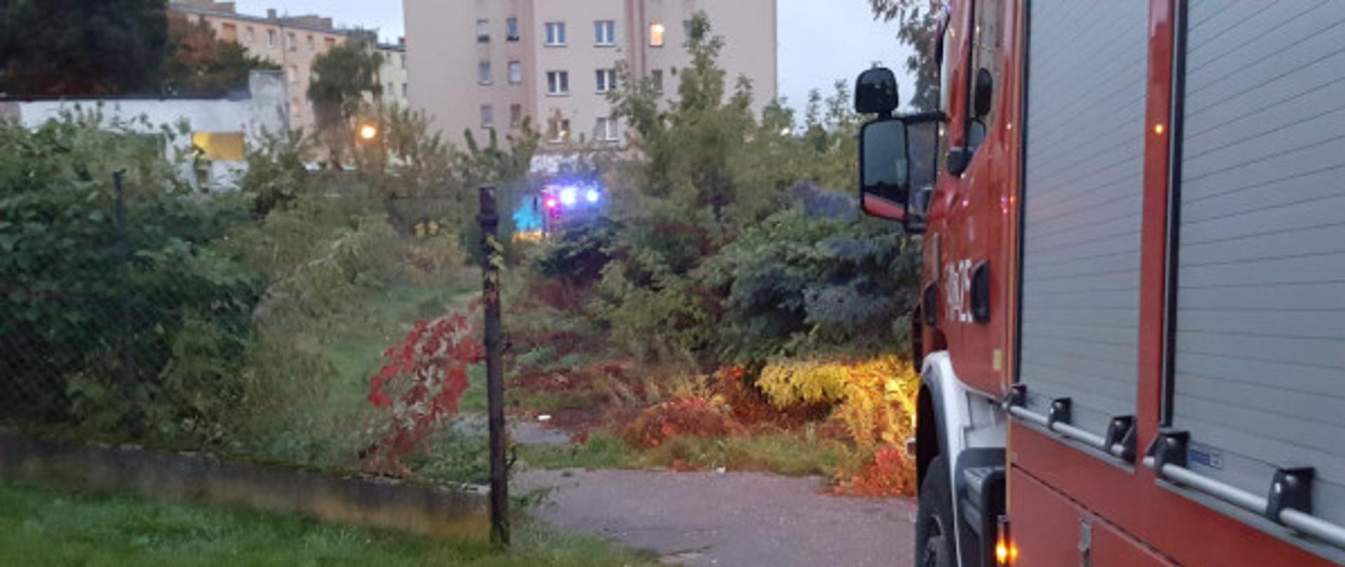 Po prawej stronie samochód ratowniczo-gaśniczy przed płonącym budynkiem (pustostanem)